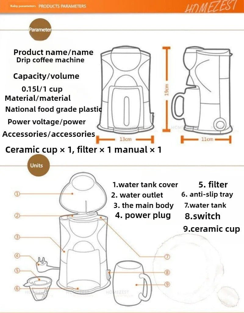 300W Small Household Palm Coffee Machine Office Freshly Ground Coffee Tea Maker Drip Type 220V-240V